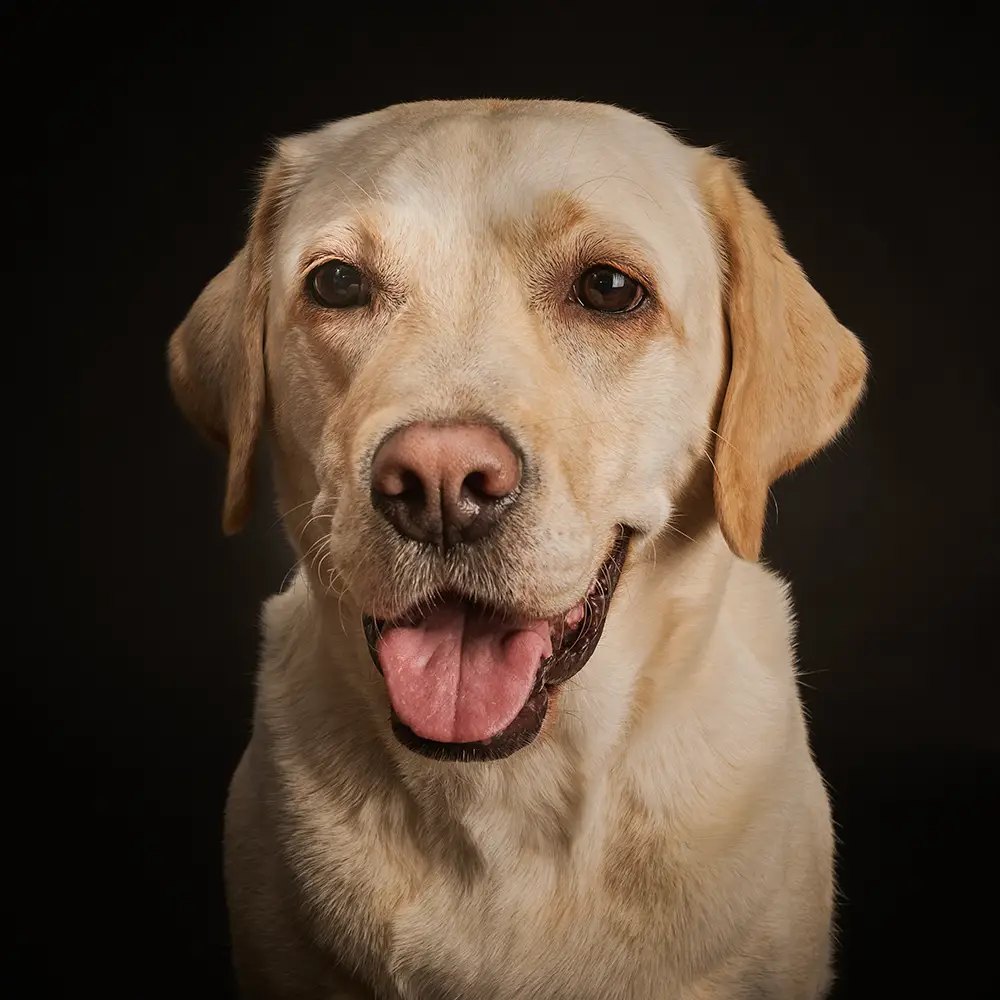 Heller Labrador mit offenem Fang vor warmem Studiohintergrund