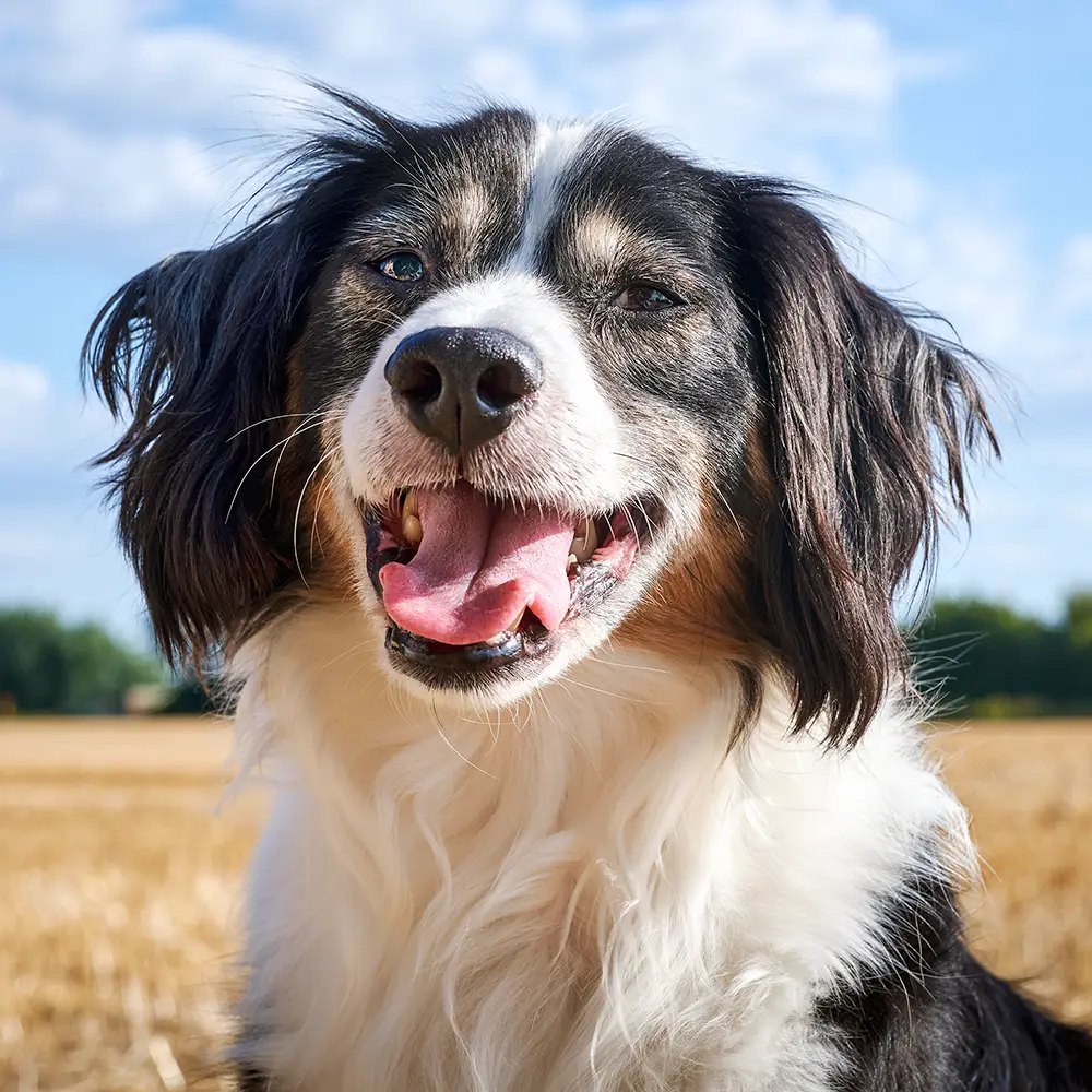 Schwarz-weißer Hund mit langem Fell auf einem Stoppelfeld